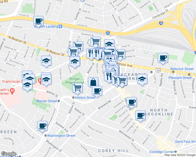 map of restaurants, bars, coffee shops, grocery stores, and more near 17 Radcliffe Road in Boston
