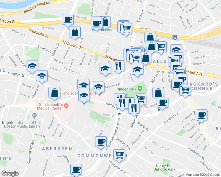 map of restaurants, bars, coffee shops, grocery stores, and more near 40B Ridgemont Street in Boston