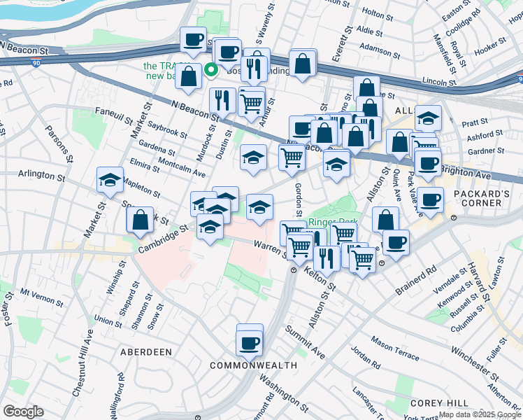 map of restaurants, bars, coffee shops, grocery stores, and more near 40B Ridgemont Street in Boston