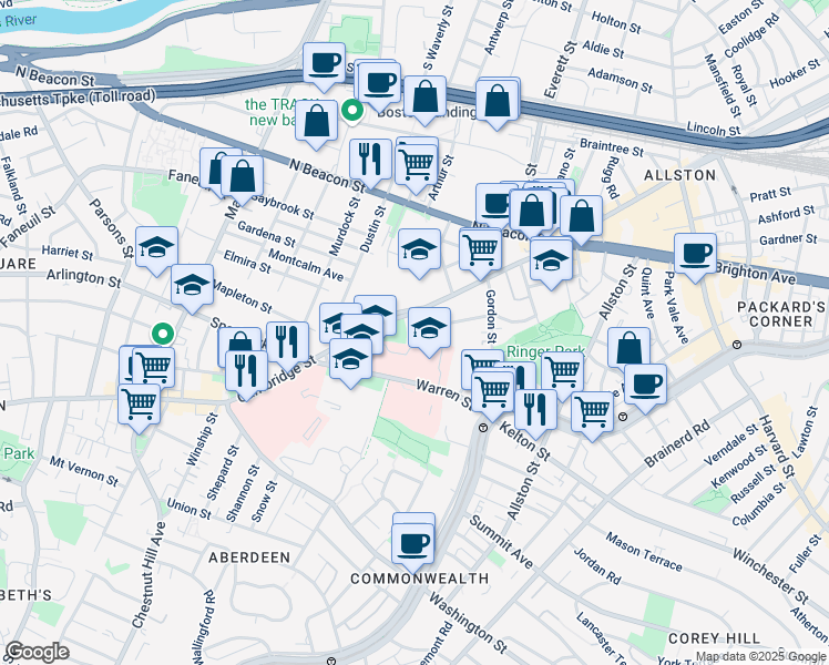 map of restaurants, bars, coffee shops, grocery stores, and more near 64 Ridgemont Street in Boston