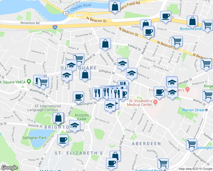 map of restaurants, bars, coffee shops, grocery stores, and more near 38-40 Parsons Street in Boston