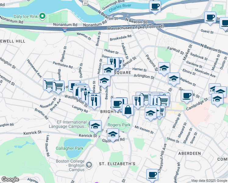 map of restaurants, bars, coffee shops, grocery stores, and more near 59 Brock Street in Boston