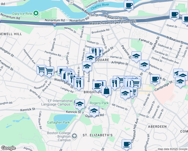 map of restaurants, bars, coffee shops, grocery stores, and more near 59 Brock Street in Boston