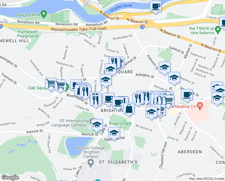 map of restaurants, bars, coffee shops, grocery stores, and more near 59 Brock Street in Boston