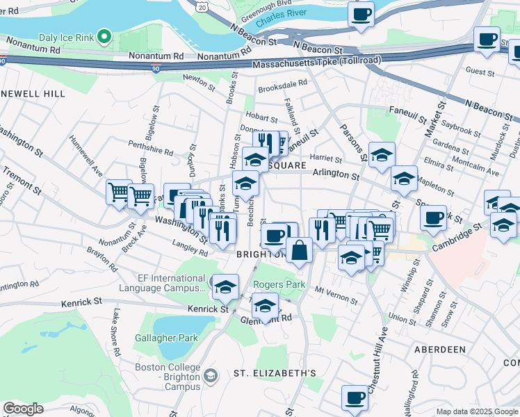 map of restaurants, bars, coffee shops, grocery stores, and more near 59 Brock Street in Boston