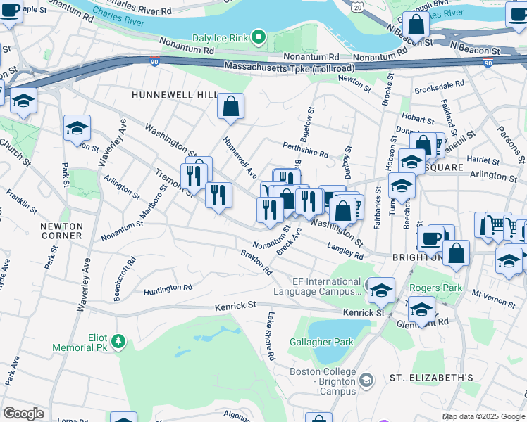 map of restaurants, bars, coffee shops, grocery stores, and more near 11 Tip Top Street in Boston