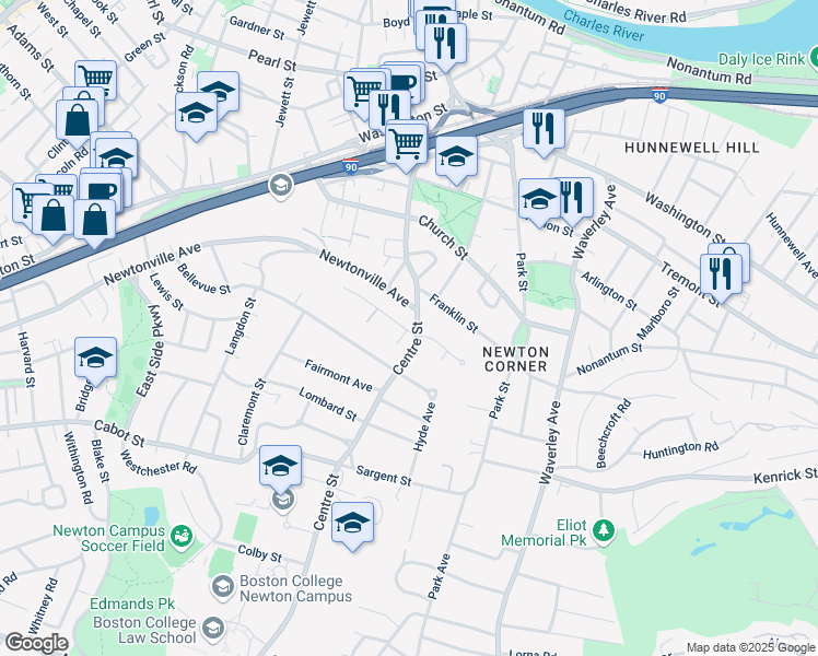 map of restaurants, bars, coffee shops, grocery stores, and more near in Newton