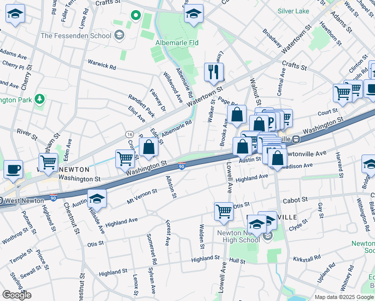 map of restaurants, bars, coffee shops, grocery stores, and more near 999 Washington Street in Newton