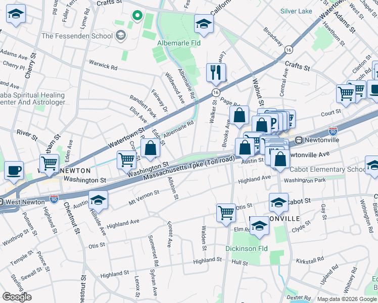 map of restaurants, bars, coffee shops, grocery stores, and more near 999 Washington Street in Newton