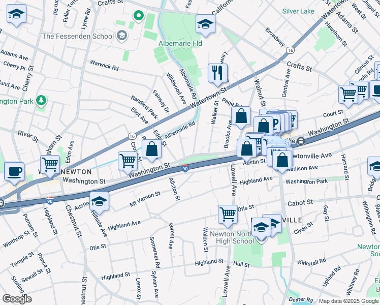 map of restaurants, bars, coffee shops, grocery stores, and more near 999 Washington Street in Newton