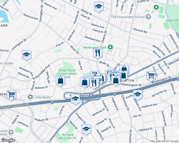 map of restaurants, bars, coffee shops, grocery stores, and more near 45 Elm Street in Newton