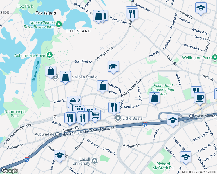 map of restaurants, bars, coffee shops, grocery stores, and more near 54 Washburn Avenue in Newton