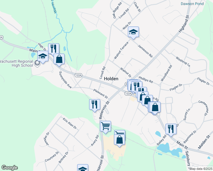 map of restaurants, bars, coffee shops, grocery stores, and more near 1213 Main Street in Holden
