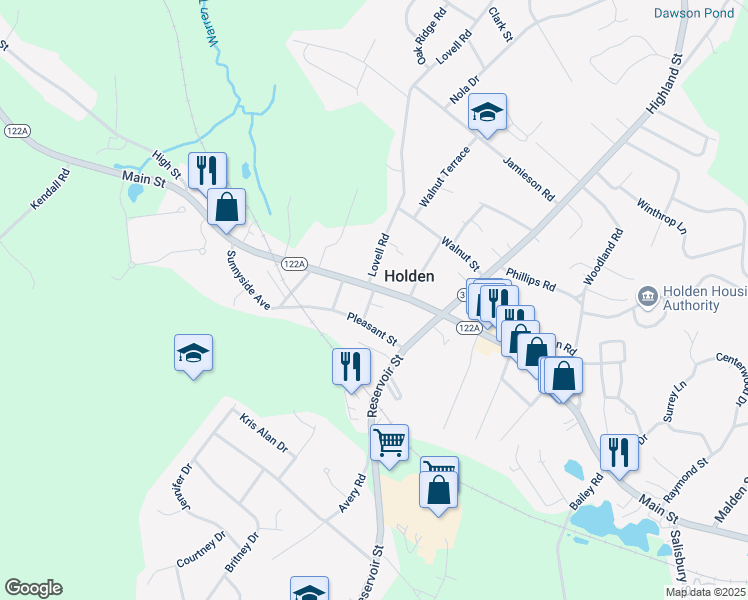 map of restaurants, bars, coffee shops, grocery stores, and more near 10 Fruit Street in Holden
