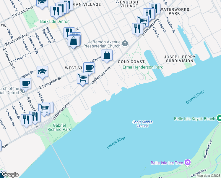 map of restaurants, bars, coffee shops, grocery stores, and more near 8120 East Jefferson Avenue in Detroit