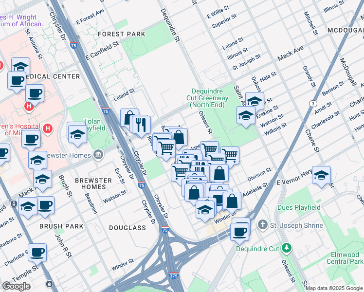 map of restaurants, bars, coffee shops, grocery stores, and more near 3434 Russell Street in Detroit