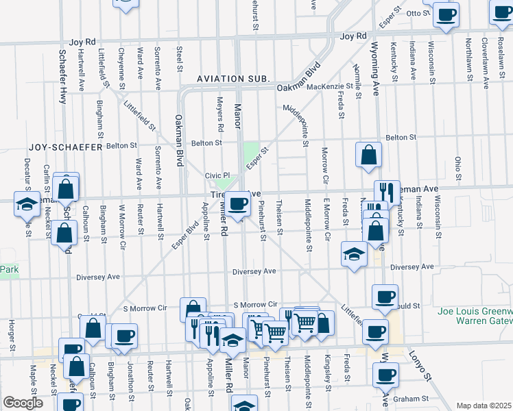 map of restaurants, bars, coffee shops, grocery stores, and more near 7926 Manor in Dearborn