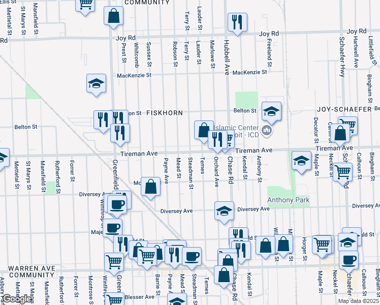 map of restaurants, bars, coffee shops, grocery stores, and more near 14841 Tireman Avenue in Detroit