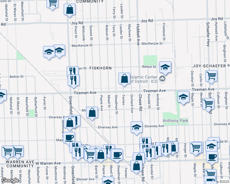 map of restaurants, bars, coffee shops, grocery stores, and more near 14841 Tireman Avenue in Detroit