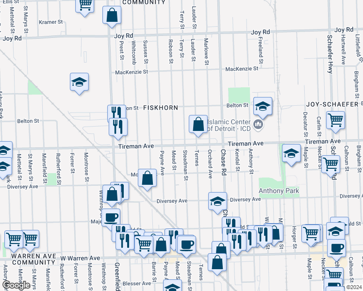 map of restaurants, bars, coffee shops, grocery stores, and more near 14841 Tireman Avenue in Detroit