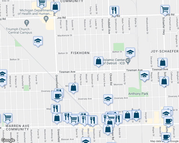 map of restaurants, bars, coffee shops, grocery stores, and more near 14841 Tireman Avenue in Detroit