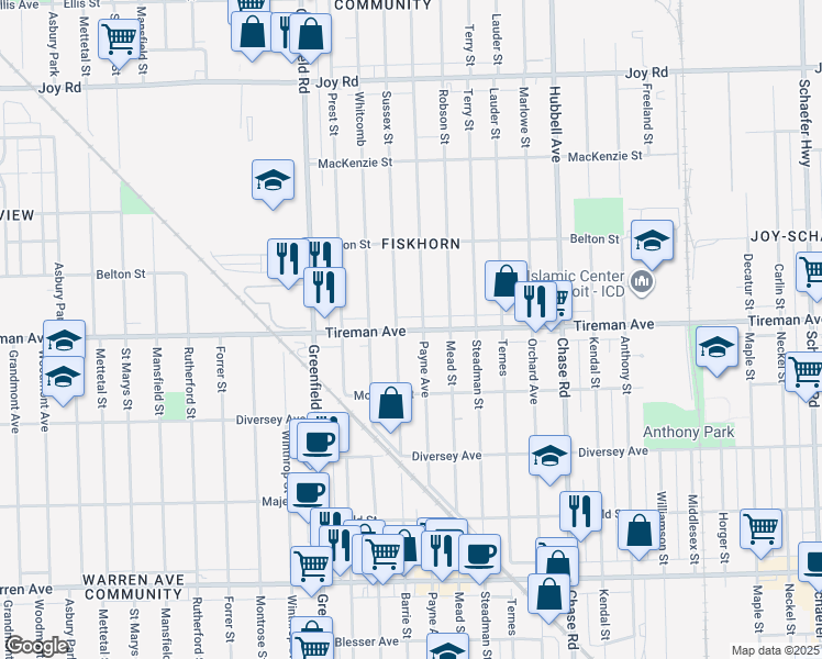 map of restaurants, bars, coffee shops, grocery stores, and more near in Detroit