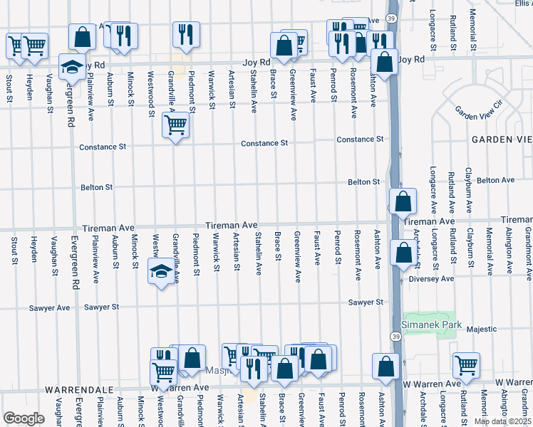 map of restaurants, bars, coffee shops, grocery stores, and more near 8026 Stahelin Avenue in Detroit