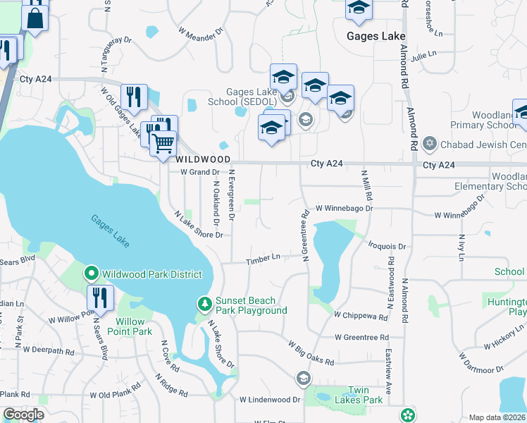 map of restaurants, bars, coffee shops, grocery stores, and more near 33601 North Royal Oak Lane in Gages Lake