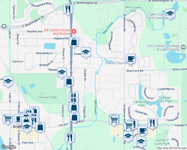 map of restaurants, bars, coffee shops, grocery stores, and more near 665 Swan Drive in Grayslake