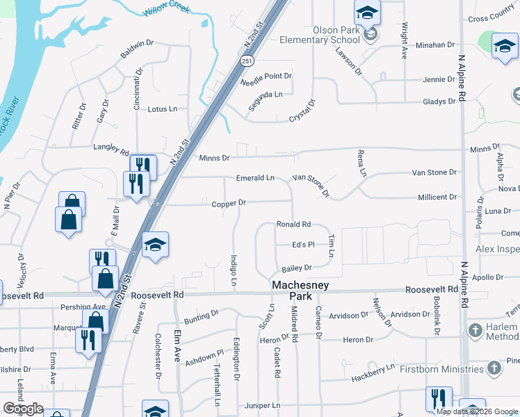 map of restaurants, bars, coffee shops, grocery stores, and more near 1021 Copper Drive in Machesney Park