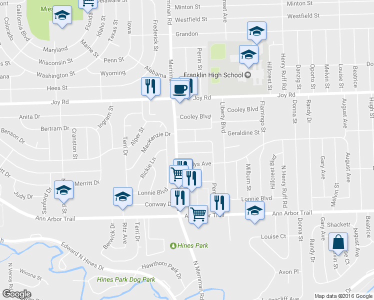 map of restaurants, bars, coffee shops, grocery stores, and more near 31220 Stephen Avenue in Westland