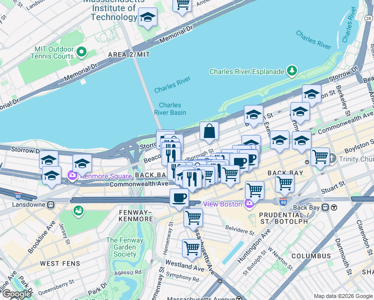 map of restaurants, bars, coffee shops, grocery stores, and more near 457 Beacon Street in Boston