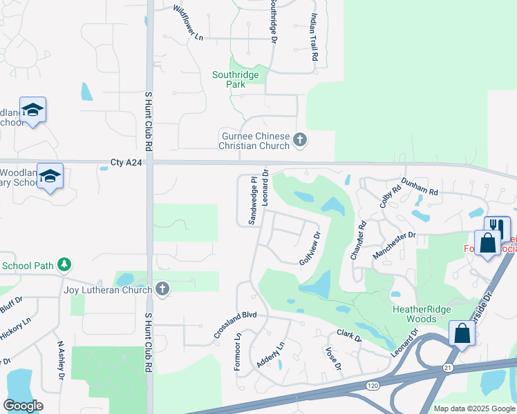 map of restaurants, bars, coffee shops, grocery stores, and more near 633 Sandwedge Place in Gurnee