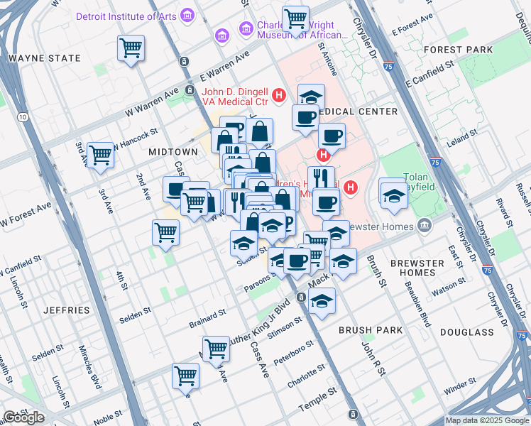 map of restaurants, bars, coffee shops, grocery stores, and more near 4100 Woodward Avenue in Detroit