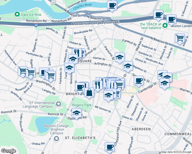 map of restaurants, bars, coffee shops, grocery stores, and more near 87 Surrey Street in Boston