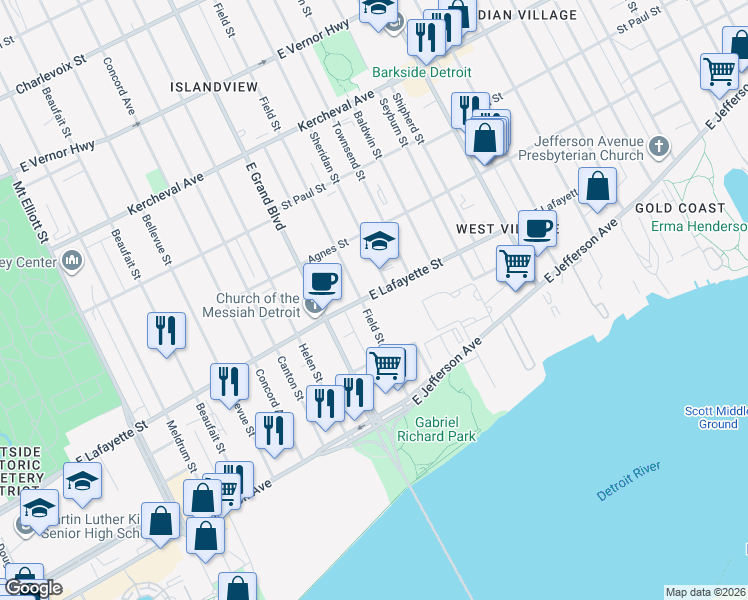 map of restaurants, bars, coffee shops, grocery stores, and more near 721 Field Street in Detroit