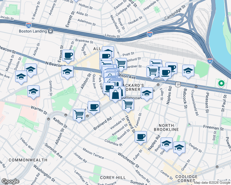 map of restaurants, bars, coffee shops, grocery stores, and more near 1245 Commonwealth Avenue in Boston