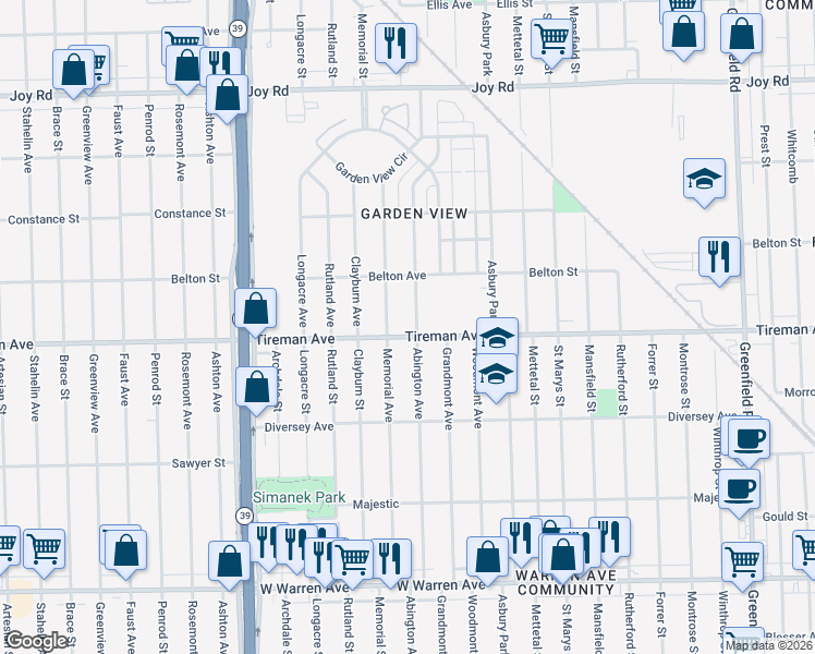 map of restaurants, bars, coffee shops, grocery stores, and more near 16808 Tireman Avenue in Detroit