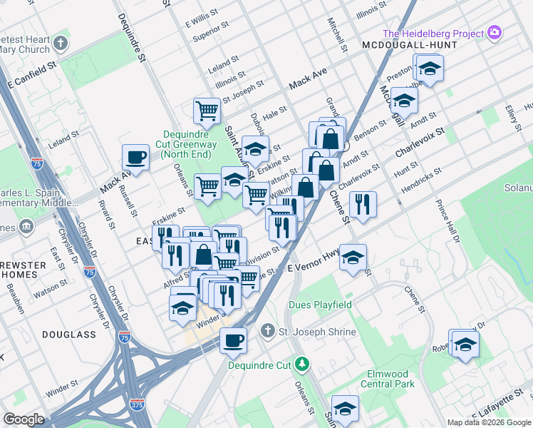 map of restaurants, bars, coffee shops, grocery stores, and more near 2903 Saint Aubin Street in Detroit