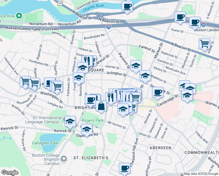 map of restaurants, bars, coffee shops, grocery stores, and more near 85 Surrey Street in Boston
