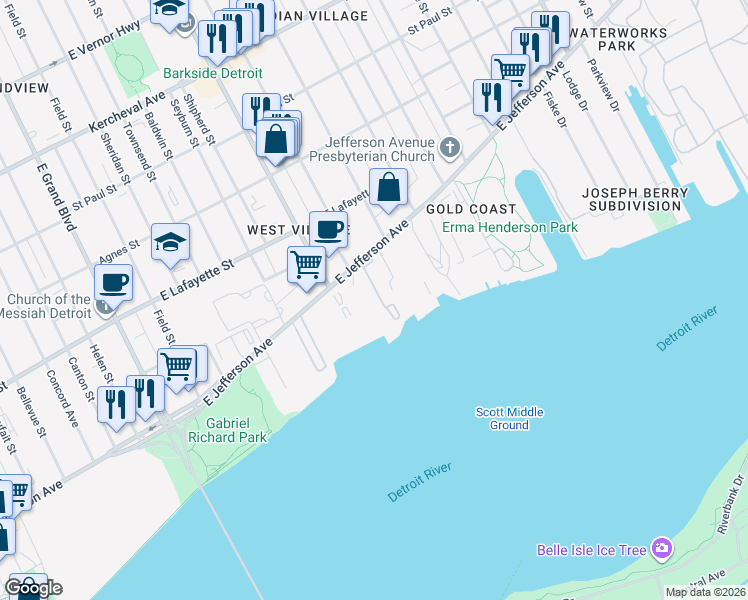 map of restaurants, bars, coffee shops, grocery stores, and more near 8100 East Jefferson Avenue in Detroit