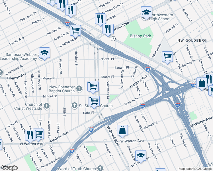 map of restaurants, bars, coffee shops, grocery stores, and more near 6369 Vinewood St in Detroit