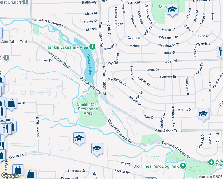map of restaurants, bars, coffee shops, grocery stores, and more near 33047 Merritt Court in Westland