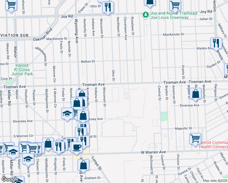 map of restaurants, bars, coffee shops, grocery stores, and more near 56 Morross Circle in Dearborn