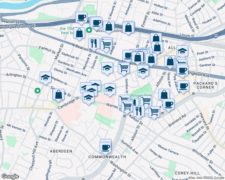 map of restaurants, bars, coffee shops, grocery stores, and more near 40B Ridgemont Street in Boston