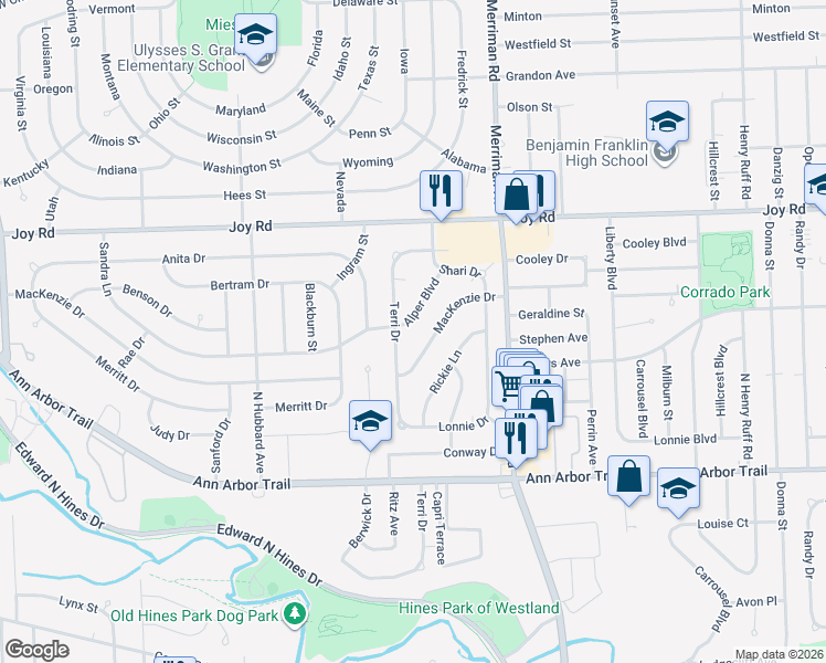 map of restaurants, bars, coffee shops, grocery stores, and more near 8530 Alper St in Westland