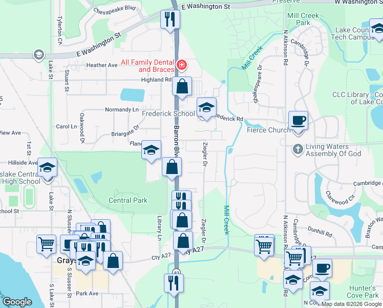 map of restaurants, bars, coffee shops, grocery stores, and more near 541 Quail Creek Drive in Grayslake