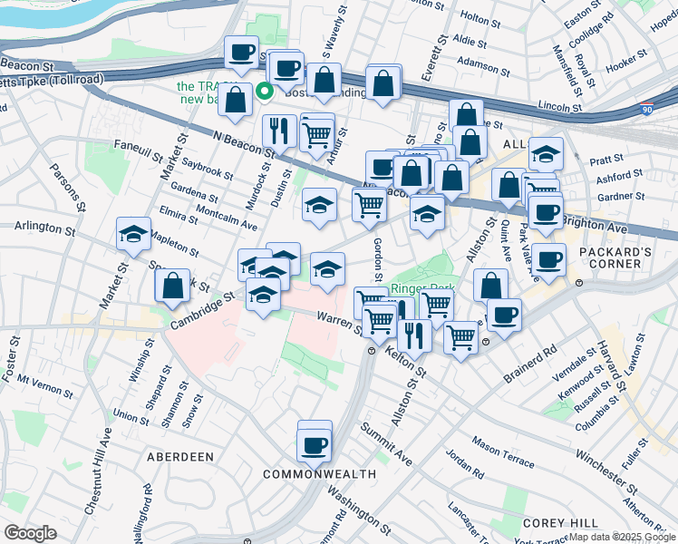 map of restaurants, bars, coffee shops, grocery stores, and more near 40B Ridgemont Street in Boston