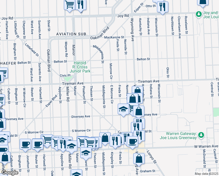 map of restaurants, bars, coffee shops, grocery stores, and more near 7919 East Morrow Circle in Dearborn