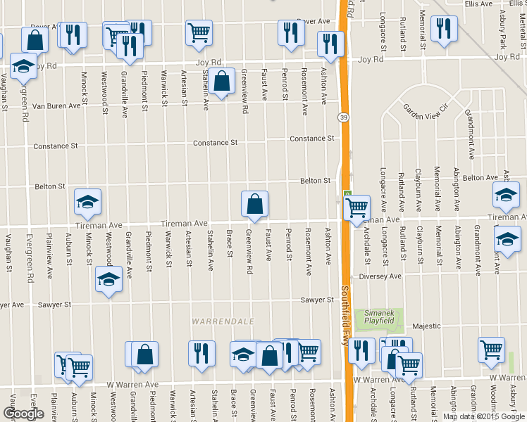 map of restaurants, bars, coffee shops, grocery stores, and more near 8027 Faust Ave in Detroit